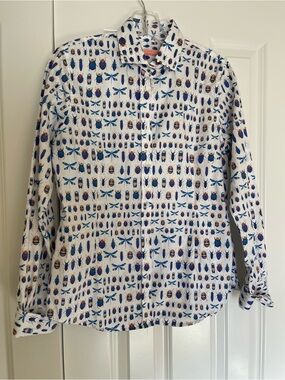 Vilagallo White Button-Down Shirt with Blue and Gold Insect Print